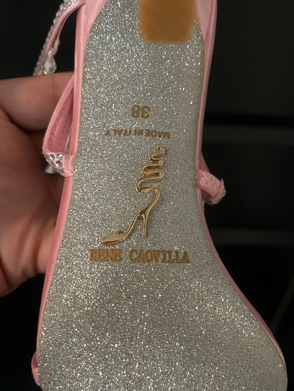 Rene Caovilla Pink Crystal Fringe Slide Sandals